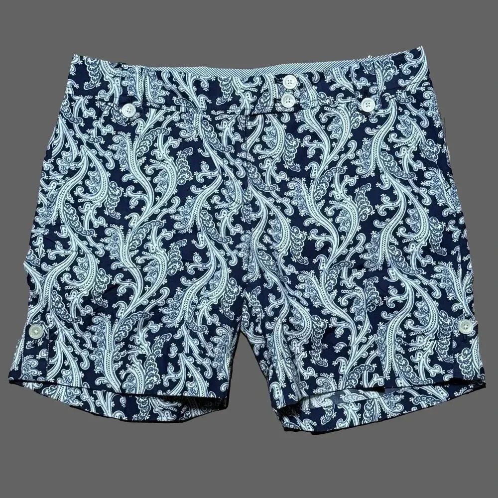 TOMMY HILFIGER Navy Blue and White Paisley Print Cuffed Shorts Size 12